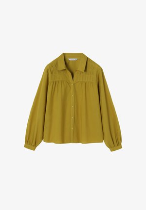 Cămașă butonată de culoare muștar, cu mâneci lungi, având un corp ajustat și detalii pliate la guler. Material neted și ușor.