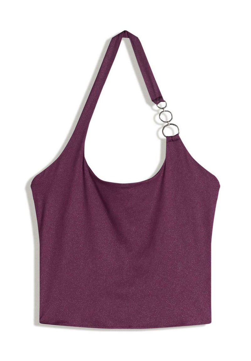 Ibolya színű pánt nélküli felső sima anyagból, laza fazonnal, két kerek fémgyűrűvel a pánton a részletekért.