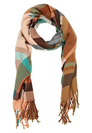 Miękki, tkany szalik z frędzlami na końcach, z dużym wzorem kratki w odcieniach brązu, beżu, zieleni morskiej i czerni.