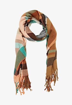 Zachte geweven sjaal met franjes aan de uiteinden, met een groot ruitpatroon in tinten bruin, beige, blauwgroen en zwart.