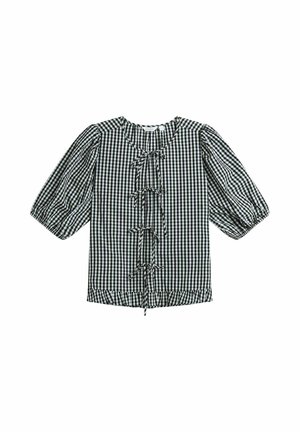 Musta-valkoinen ruudullinen puffihihainen pusero pyöreällä pääntiellä, edessä solmittavat rusetit ja röyhelöhelma.
