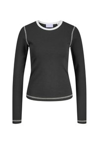 Schwarzes Langarmshirt mit taillierter Passform, versehen mit einem weißen Rundhalsausschnitt und kontrastierenden Nähten entlang der Säume. Glatte Stofftextur.