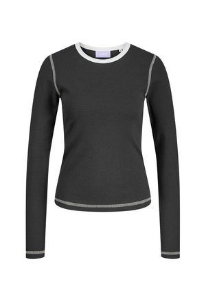 Schwarzes Langarmshirt mit taillierter Passform, versehen mit einem weißen Rundhalsausschnitt und kontrastierenden Nähten entlang der Säume. Glatte Stofftextur.