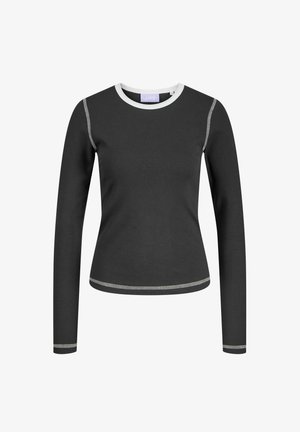 Chemise noire à manches longues avec un design ajusté, présentant un col rond blanc et des coutures contrastées le long des coutures. Texture de tissu lisse.