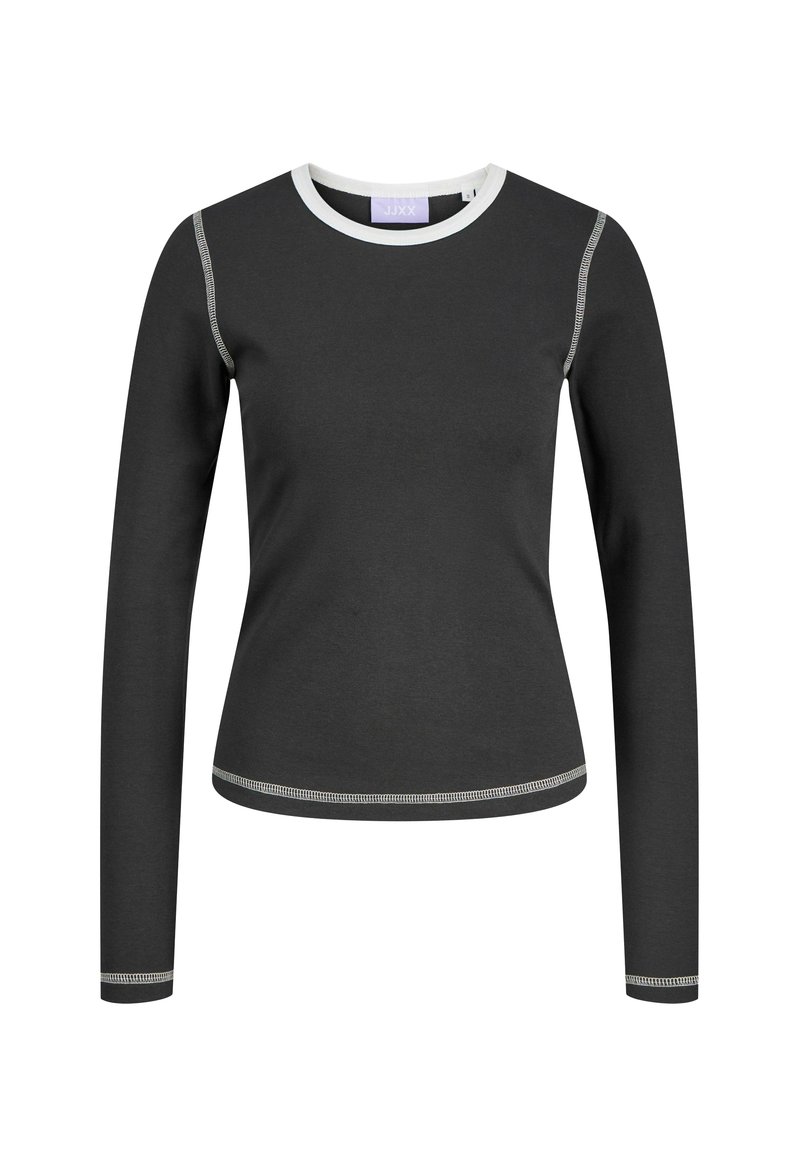 Schwarzes Langarmshirt mit taillierter Passform, versehen mit einem weißen Rundhalsausschnitt und kontrastierenden Nähten entlang der Säume. Glatte Stofftextur.