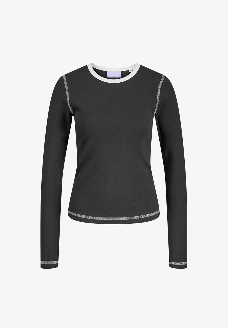 Must mustriga T-särk, millel on kitsas disain, valge ümmargune kaelus ja kontrastne õmblus. Sile kangastekstuuri.