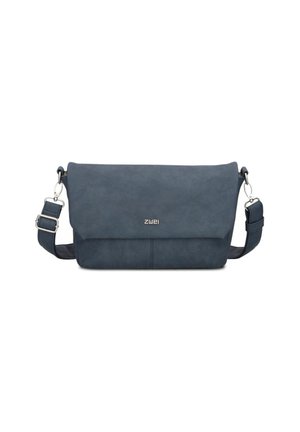 Dunkelblaue Leder-Umhängetasche mit Klappverschluss, verstellbarem Tragegurt und silbernen Hardware-Akzenten. Glatte Textur und minimalistisches Design.