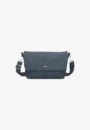Dunkelblaue Leder-Umhängetasche mit Klappverschluss, verstellbarem Tragegurt und silbernen Hardware-Akzenten. Glatte Textur und minimalistisches Design.