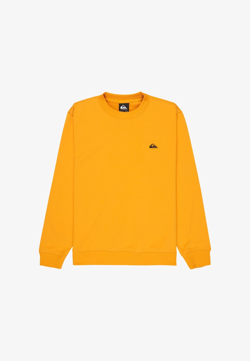 Leuchtend orangefarbenes Sweatshirt mit langem Arm und Rundhalsausschnitt, mit gerippten Bündchen und Saum, versehen mit einem kleinen schwarzen Logo auf der linken Brust.