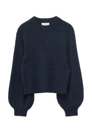 Suéter de punto azul marino oscuro con mangas largas abullonadas, puños y dobladillo acanalados, cuello redondo y corte cropped.