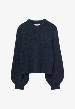 Suéter de punto azul marino oscuro con mangas largas abullonadas, puños y dobladillo acanalados, cuello redondo y corte cropped.