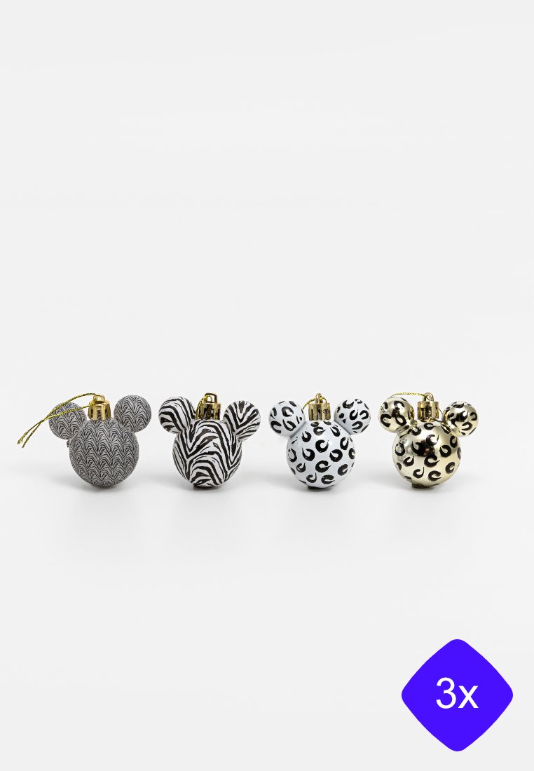 Quattro ornamenti decorativi a forma di teste di Mickey Mouse. I colori includono nero, bianco e oro con motivi: onde, zebra e leopardato.