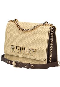 Vævet beige håndtaske med gyldent "REPLAY" bogstaver, kæde og brune læderdetaljer, med en rektangulær form og justerbar rem.