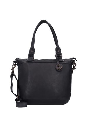 Schwarze Lederhandtasche mit zwei oberen Griffen, abnehmbarem Schultergurt, glatter Textur und einem bronzefarbenen Ankercharme als Detail.