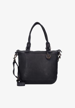Black leather handbag with dual top handles, detachable shoulder strap, smooth texture, and a bronze anchor charm as a detail.