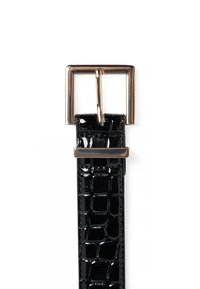 Black faux leather belt with a glossy crocodile pattern, featuring a rectangular metallic buckle in gold-tone finish.