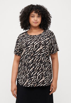 Black and beige short-sleeve top featuring a wavy pattern, round neckline, and a slightly curved hem for a relaxed fit.