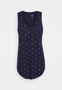 Débardeur bleu marine avec un col arrondi, orné d'un motif floral blanc dispersé. Fabriqué en tissu doux, avec une coupe décontractée et un ourlet arrondi.