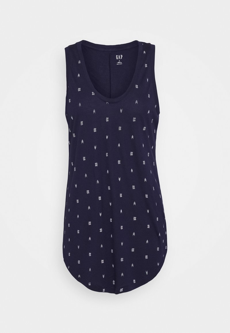 Débardeur bleu marine avec un col arrondi, orné d'un motif floral blanc dispersé. Fabriqué en tissu doux, avec une coupe décontractée et un ourlet arrondi.