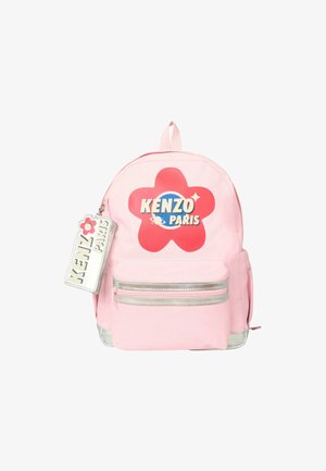 Pink fabric backpack with a red flower logo and "KENZO PARIS" text. Features a silver zipper pocket and a detachable tag.