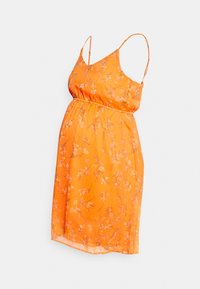 Vestido de maternidad naranja con tirantes finos, cinturilla elástica y una silueta fluida. Presenta delicados patrones de flores sobre una tela transparente.