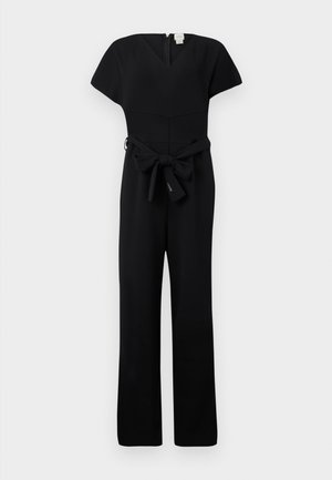 Black jumpsuit with short sleeves, V-neck, and a belted waist. Made from smooth fabric, featuring wide-leg pants and a back zipper.