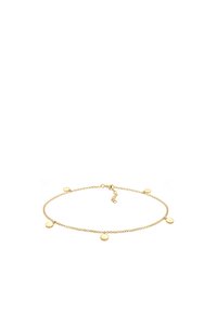 Goldfarbene Kettenanklette mit fünf runden, flachen Scheiben, die gleichmäßig entlang der Länge verteilt sind, mit einem Verschluss und einer Verlängerungskette für eine verstellbare Passform.