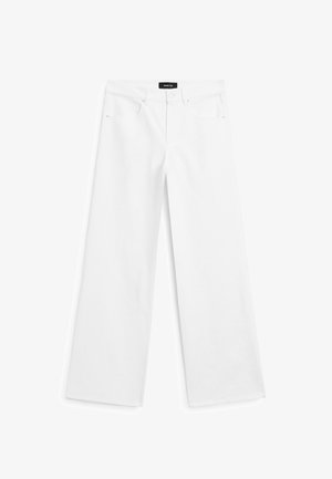 Weiße, weit geschnittene Jeans aus Denim mit einem sauberen Finish, hoher Taille, fünf Taschen und einem Reißverschluss.