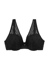 Soutien-gorge en dentelle noire avec un décolleté plongeant, des motifs géométriques, des bords festonnés et un bouton décoratif au centre. Tissu doux et texturé.