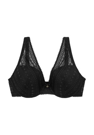 Soutien-gorge en dentelle noire avec un décolleté plongeant, des motifs géométriques, des bords festonnés et un bouton décoratif au centre. Tissu doux et texturé.