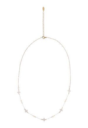 Finom aranylánc nyaklánc, amely öt egyenletesen elhelyezett kis fehér kereszt medált és közöttük apró fehér gyöngyöket tartalmaz.