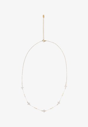 Finom aranylánc nyaklánc, amely öt egyenletesen elhelyezett kis fehér kereszt medált és közöttük apró fehér gyöngyöket tartalmaz.