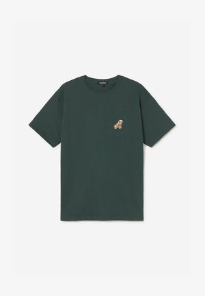 Dark green short-sleeve t-shirt with a small embroidered sitting bulldog on the left chest, round neckline, and relaxed fit.
