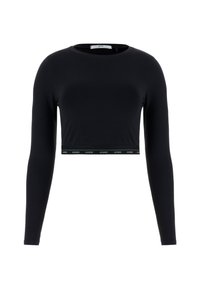 Top corto negro de manga larga hecho de tela suave, con un escote redondo y una cinturilla que presenta un detalle del logo en blanco "GUESS".
