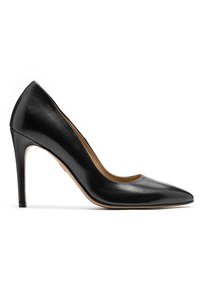 Pantofole nere in pelle con tacco alto, punta appuntita, design elegante, texture liscia e tacco a stiletto sottile. L'interno presenta una fodera color nocciola.