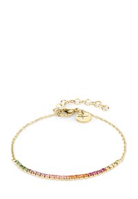 Bracciale in oro con design a catena, adornato con pietre multicolori che vanno dal verde al rosa, dotato di un chiusura sicura e prolunga.