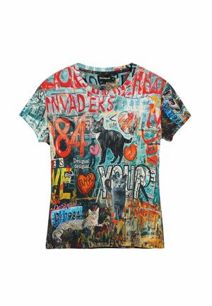 Maglietta grafica multicolore con gatti, testo e disegni astratti. Realizzata in tessuto morbido con scollo rotondo e maniche corte.