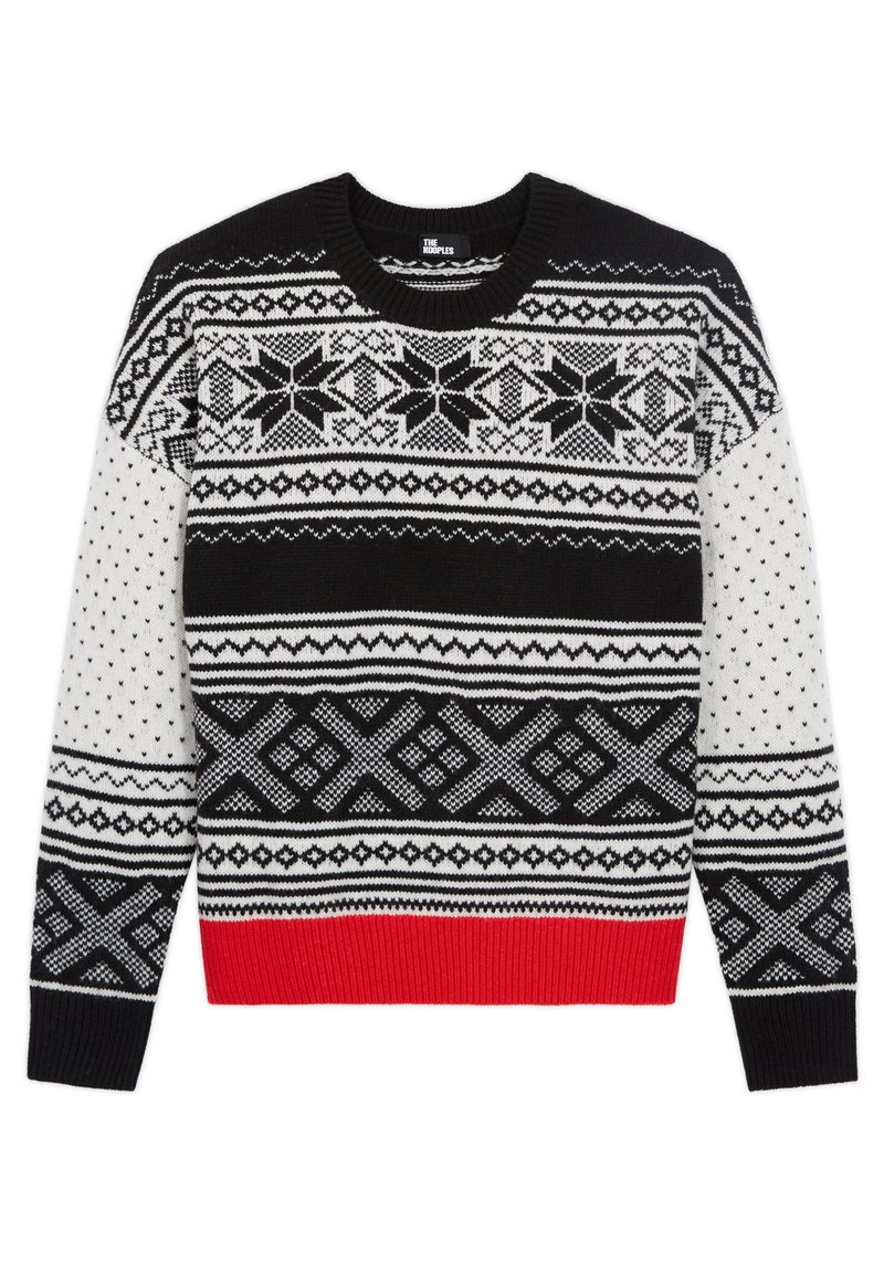 Schwarzer, weißer und roter gestrickter Pullover mit geometrischen Mustern, Rundhalsausschnitt und gerippten Bündchen und Saum. Weiche Textur, mittleres Gewicht.