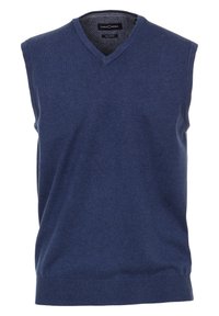 Granatowy bezrękawnik z dzianiny z dekoltem w kształcie litery V, wykonany z bawełny. Posiada ściągacz na dole i gładką teksturę. Widoczna metka marki wewnątrz.
