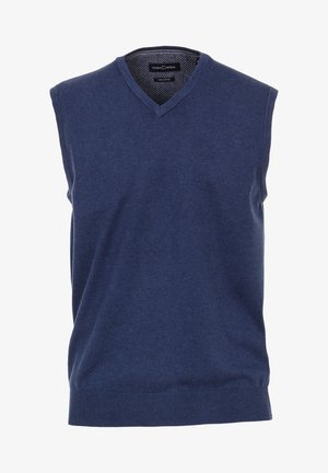 Maglione senza maniche di maglia di colore blu navy con scollo a V, realizzato in cotone. Presenta un bordo a costine e una texture liscia. Etichetta del marchio visibile all'interno.