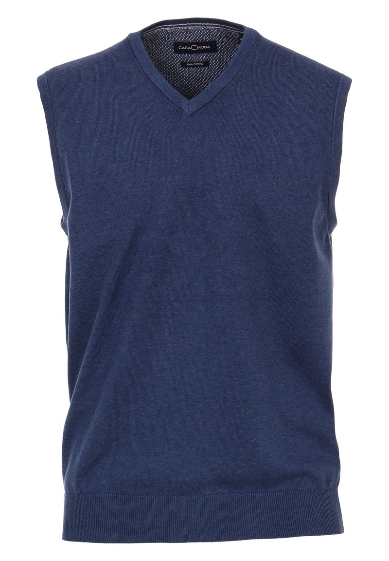 Granatowy bezrękawnik z dzianiny z dekoltem w kształcie litery V, wykonany z bawełny. Posiada ściągacz na dole i gładką teksturę. Widoczna metka marki wewnątrz.