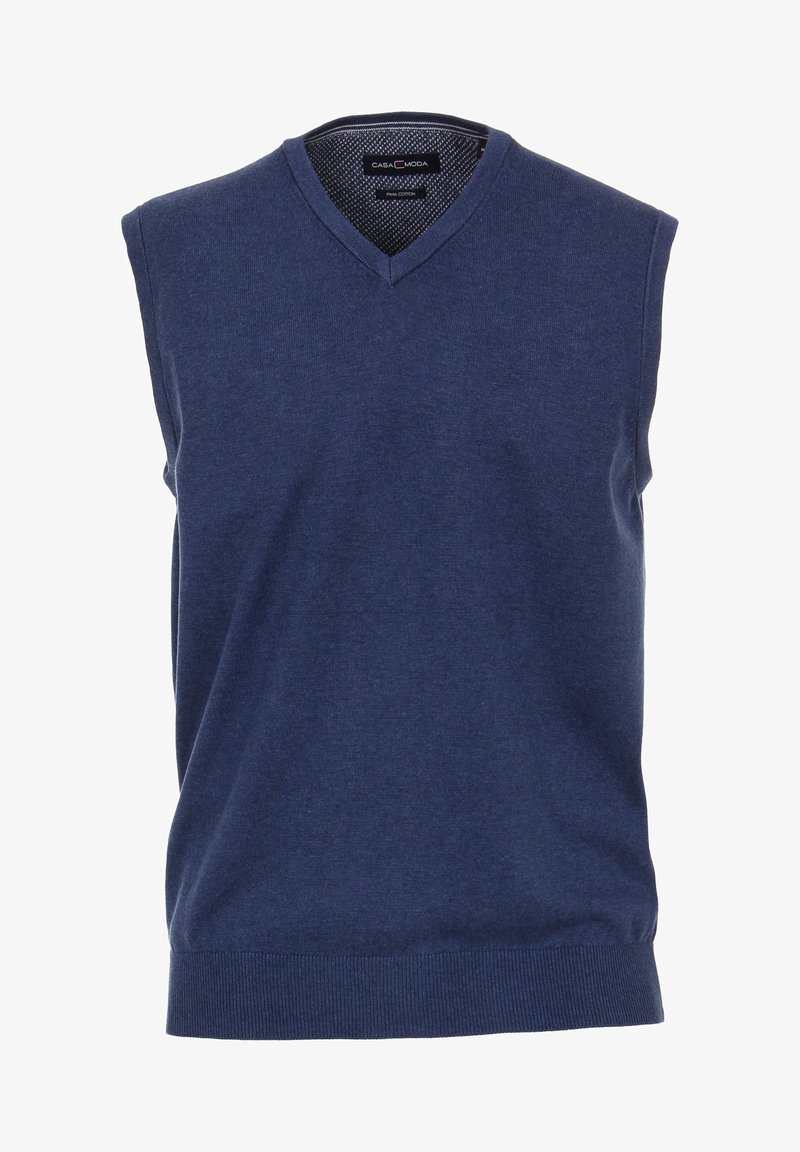 Granatowy bezrękawnik z dzianiny z dekoltem w kształcie litery V, wykonany z bawełny. Posiada ściągacz na dole i gładką teksturę. Widoczna metka marki wewnątrz.