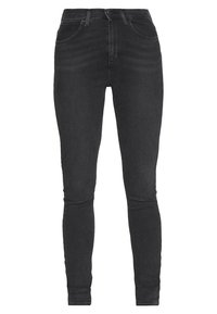 Černé skinny džíny vyrobené z denimu, s pěti kapsami a těsným střihem po celých nohách. Hladká textura s mírným vyblednutím.