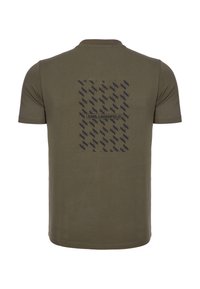 Olivově zelené tričko s krátkým rukávem z jemné bavlny s námořnickým vzorem obsahujícím opakující se grafiku a štítek "KARL LAGERFELD" na zadní straně.