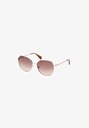 Achtseitige Sonnenbrille mit braunen Verlaufslinsen, silbernem Metallrahmen und braunen Kunststoffenden an den Bügeln.