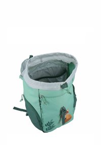 Green and gray backpack with a fabric exterior, drawstring closure, side zip pockets, and fox embroidery detail. Lined interior for insulation.