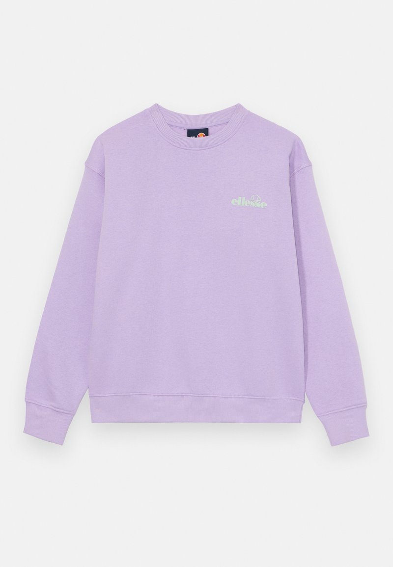Purple sweatshirt made of cotton, featuring a simple crew neck, ribbed cuffs, and a subtle green logo on the chest.