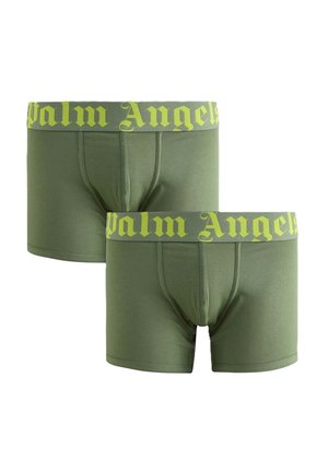 Due boxer verde oliva con ampia fascia in vita con scritta in lettere giallo-verdi "Palm Angels."