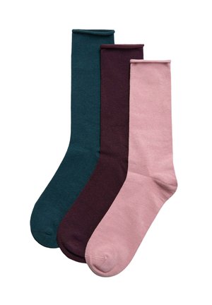 Tres pares de calcetines hasta la rodilla en teal oscuro, burdeos y rosa claro. Hechos de una tela suave con una textura lisa y diseño de color sólido.