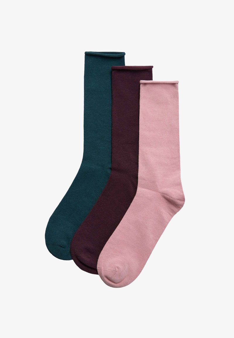 Tres pares de calcetines hasta la rodilla en teal oscuro, burdeos y rosa claro. Hechos de una tela suave con una textura lisa y diseño de color sólido.